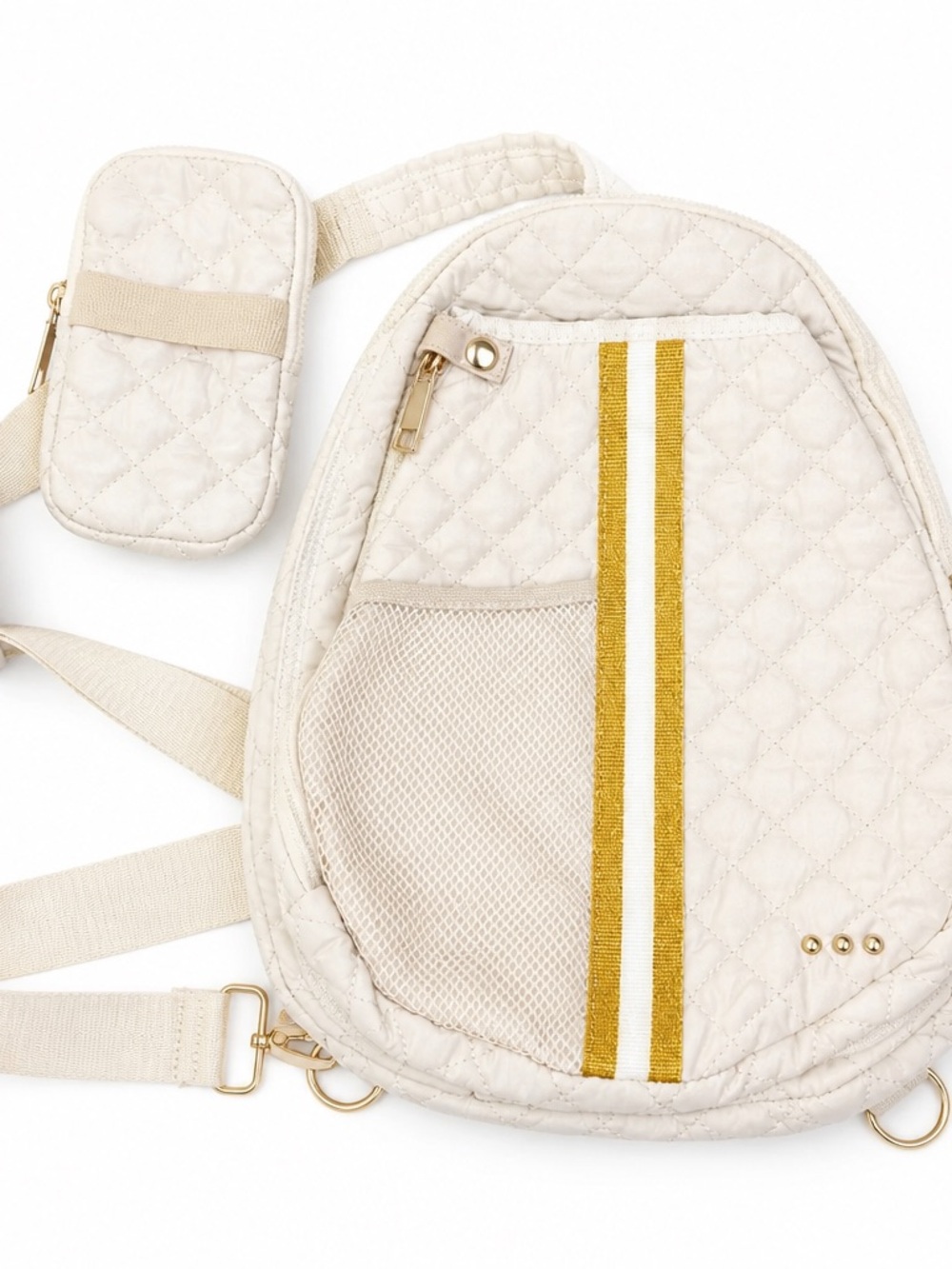 Quilted Cream pickleball Sling Bag with Gold Stripe